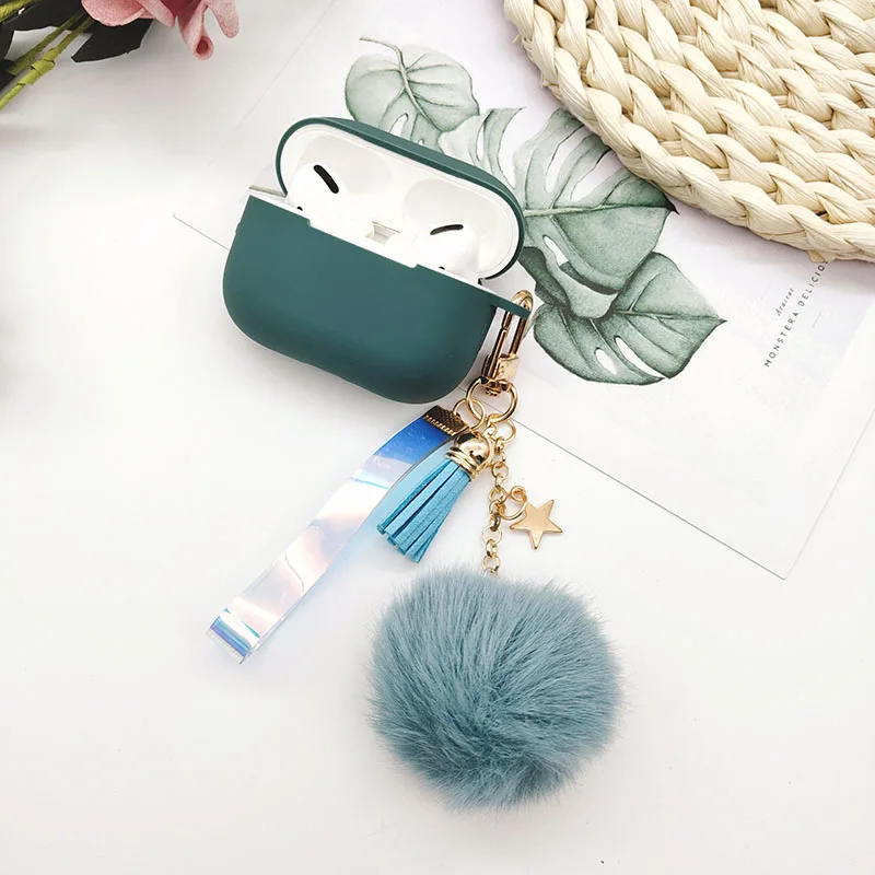 ピンクのシリコンairpodspro 3ケース,bluetoothイヤホン用,かわいい星型のタッセルとヘアボール付きのキーホルダー,airpods 2/1