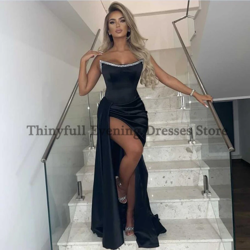 Thinyfull Black Evening Dress Formal Beadings Strapless Satin High Split Prom Dress Floor-Length Cocktail Party Gowns Plus Size