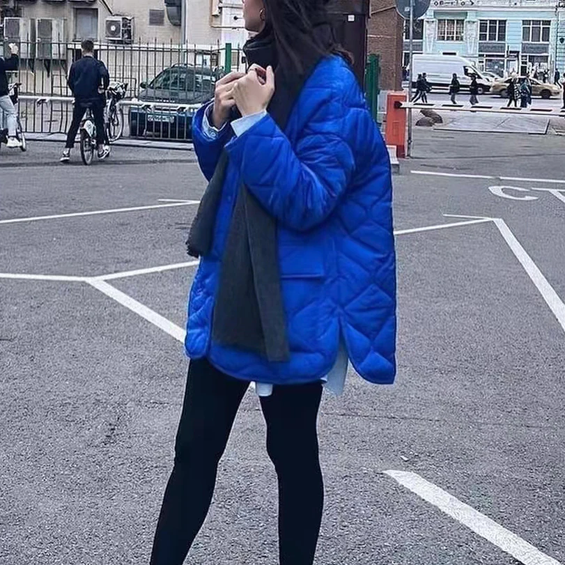 PUWD Fashion Women Blue Quilted Check Cotton Jacket 2021 Autumn Winter Casual Warm Solid Parka Pocket Loose Female Thick Outwear