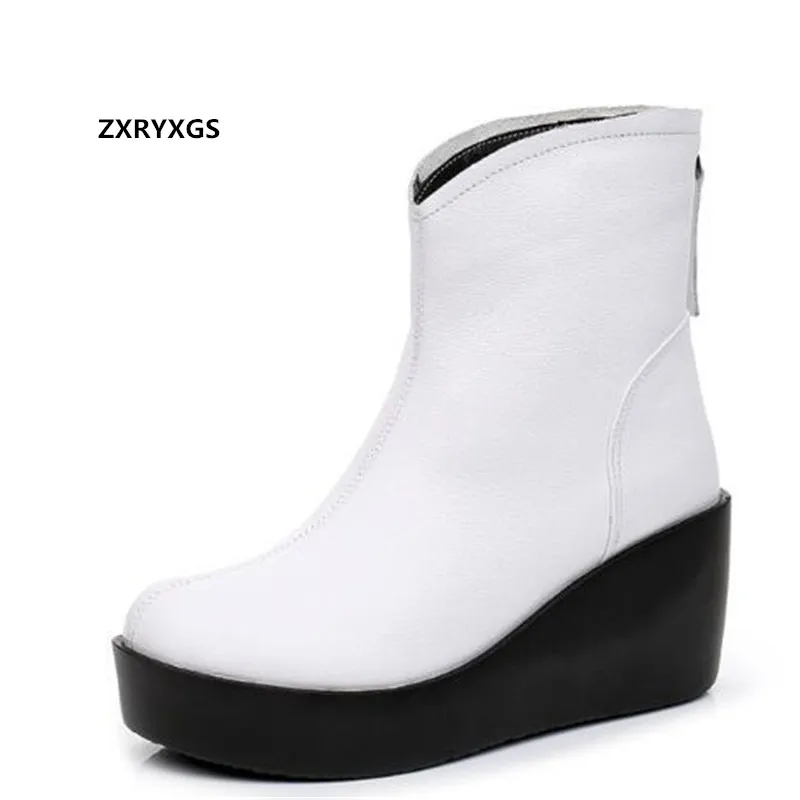 Botas de couro genuíno premium para mulheres, sapatos de plataforma, botas brancas de neve, elegância nova moda, outono e inverno, sapatos altos, 2022