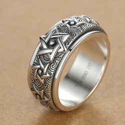 HX Silver Color Rotatable Ring Men's Sterling Silver Retro Domineering Six-pointed Star Wide Version Thai Index Finger Closed