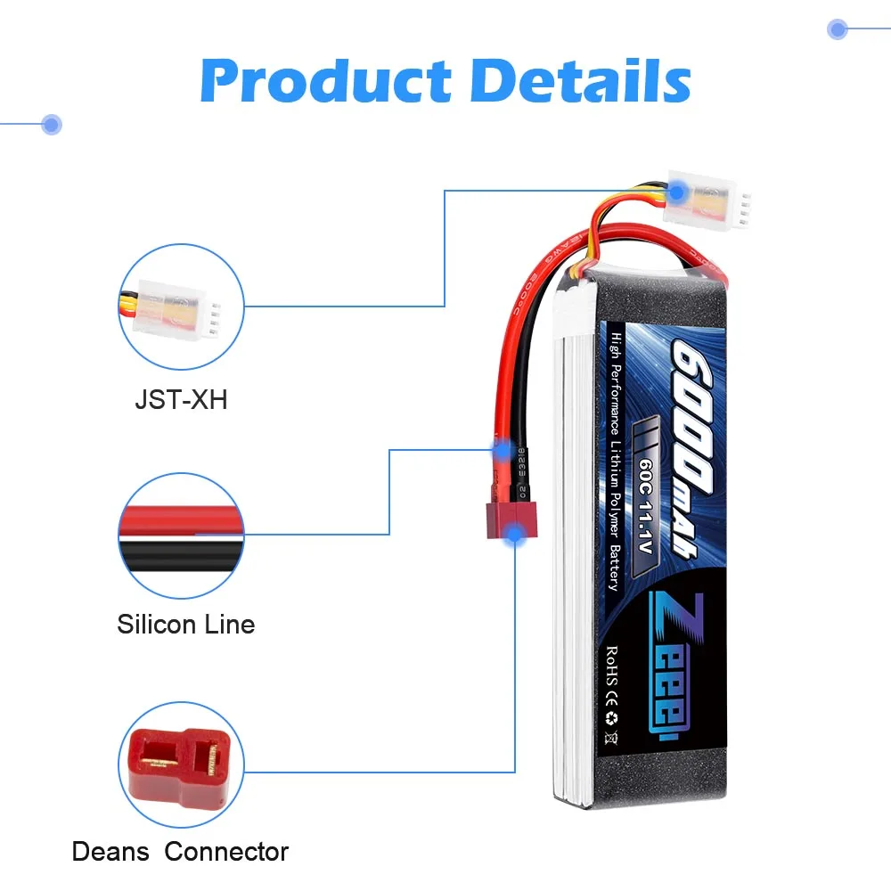 Zeee 3S Lipo Battery 11.1V 6000mAh 60C Softcase Battery with Deans Plug for FPV RC Car Buggy Truck Boat Helicopter FPV Drones