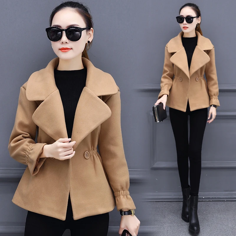 150cm Small Woman Jacket Blended Woolen Coat Autumn Winter Short Woolen Coat Korean Style Thick Slim Red Outerwear Female Tops