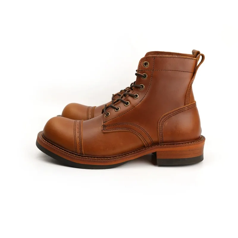 Botas de cuero de vaca hechas a mano para hombre, botines de punta redonda con alas, Estilo Vintage japonés, para motocicleta, invierno, novedad