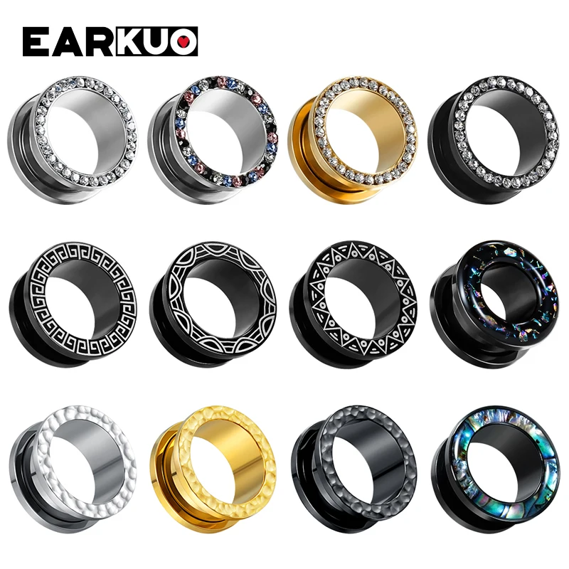 EARKUO Top Design Style Stainless Steel Zircon Shell Ear Piercing Tunnels Gauges Fashion Body Jewelry Ear Plugs Stretchers 2PCS