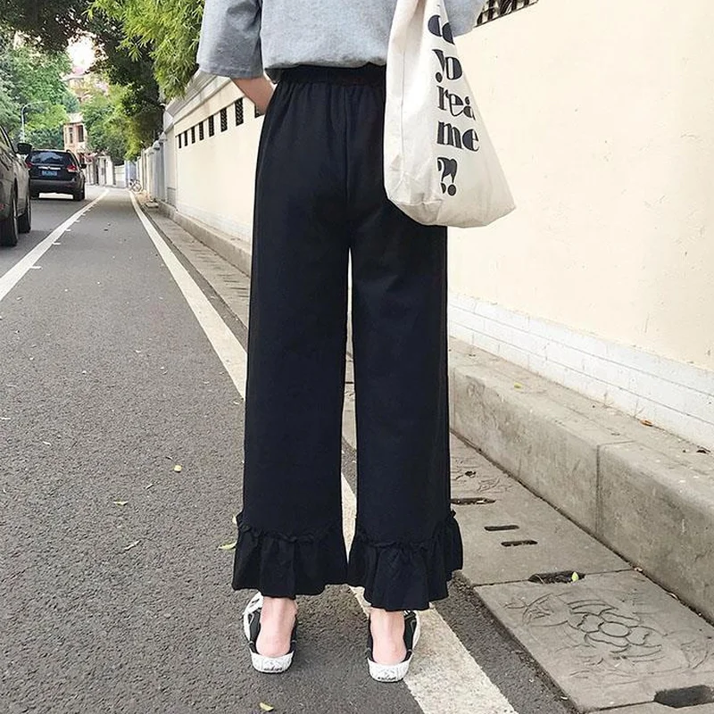 Pants Women Summer Loose Solid Color Female Wide Leg Sweet Japanese Style High Waist Ruffles Chic Leisure Daily Breathable Girls