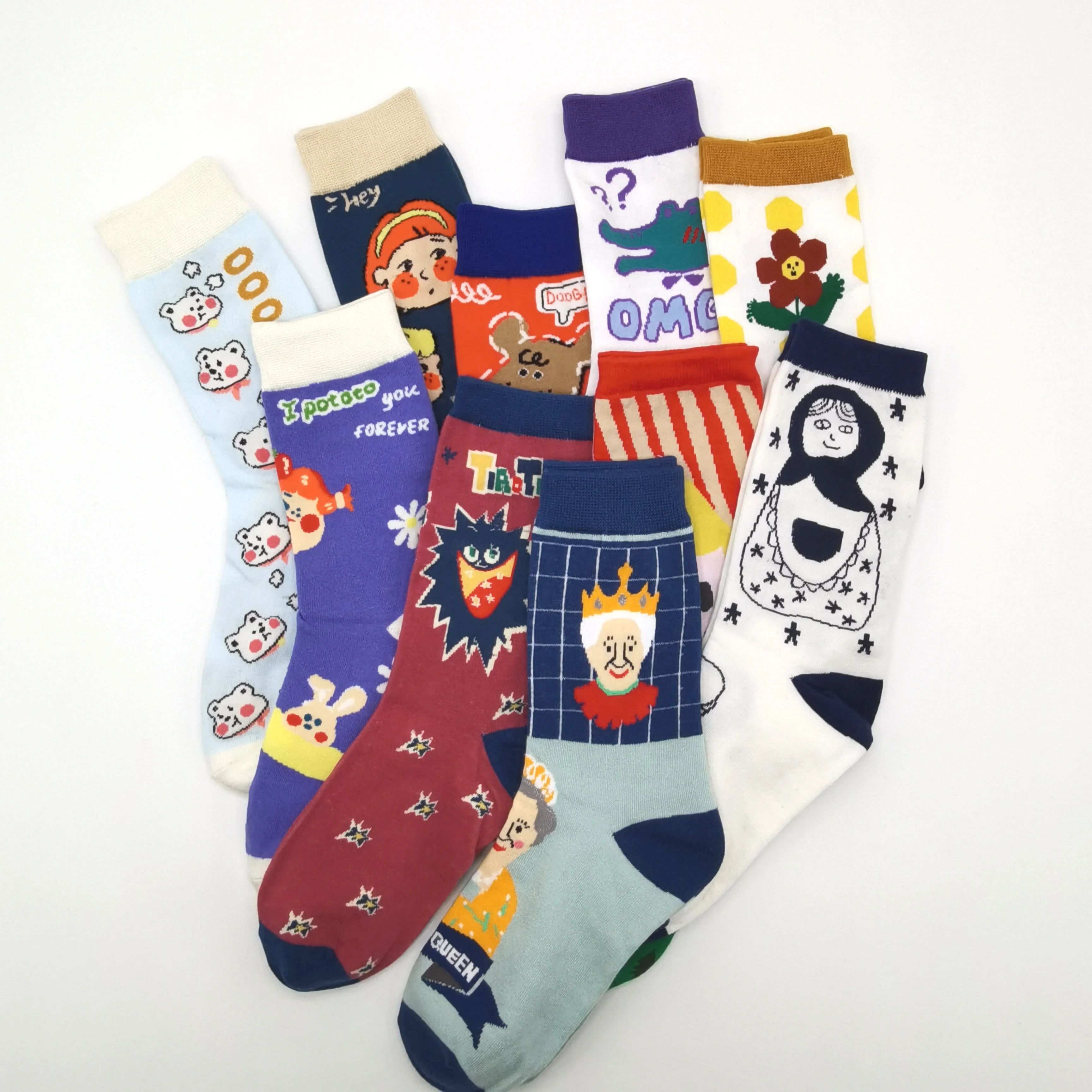 10 Pairs/Pack Men Woman Funny Squared Colorful Cotton Fun Socks lovely Cartoons Colorful Novelty Casual Crew Socks