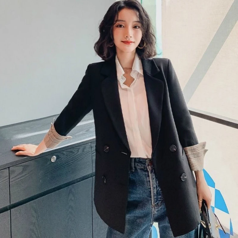 Blazers Women Long Sleeve Loose Office Lady Business Casual Patchwork Double Breasted Unisex Outwear Korean Style Suit Harajuku