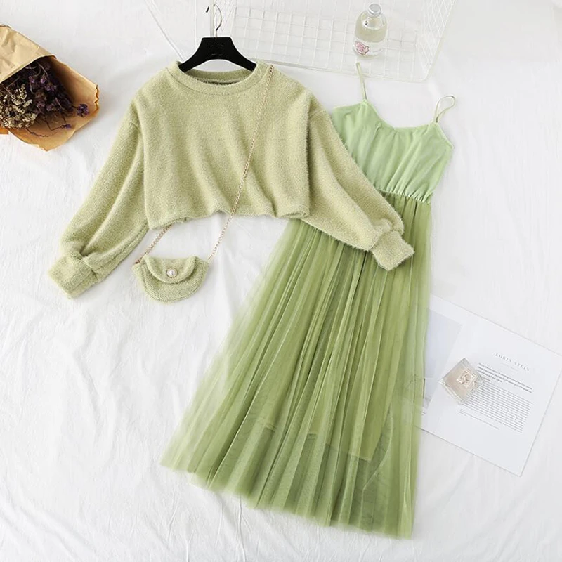 Autumn Winter Suit Women Dress Two Piece Set Casual 0-Neck Sweet Sling Mesh Midi Dress Long Sleeve Elegant A-line Vestidos