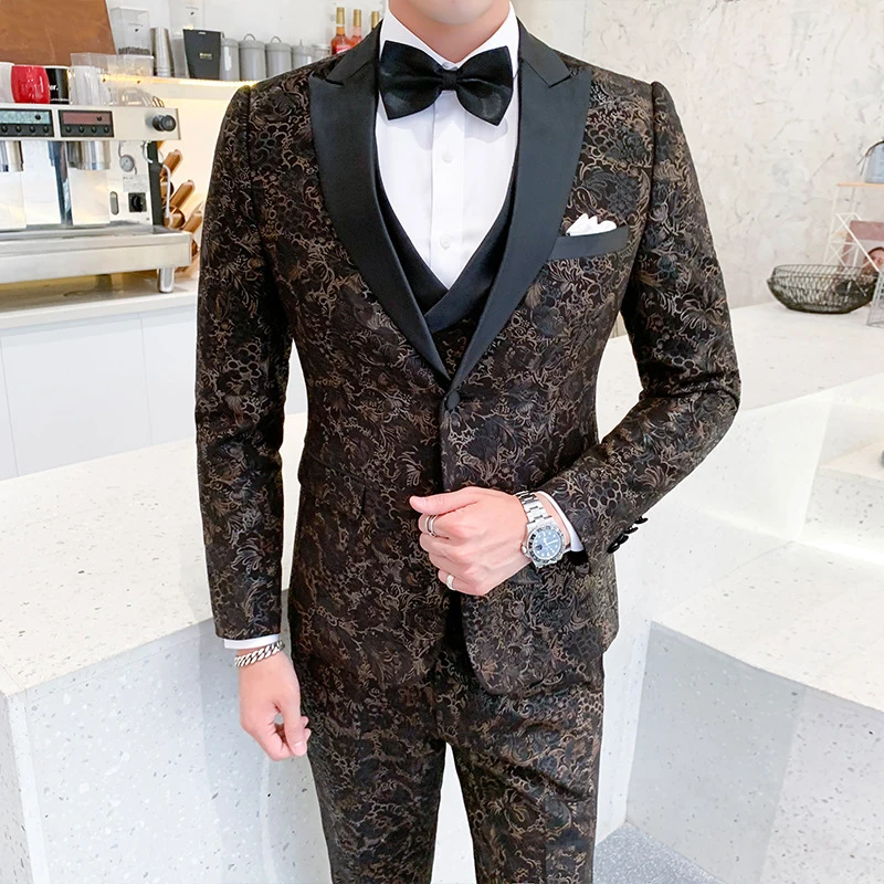 Trajes de boda para hombre, chaqueta de esmoquin con patrón Floral, diseño italiano, a la medida, 3 piezas, 2020