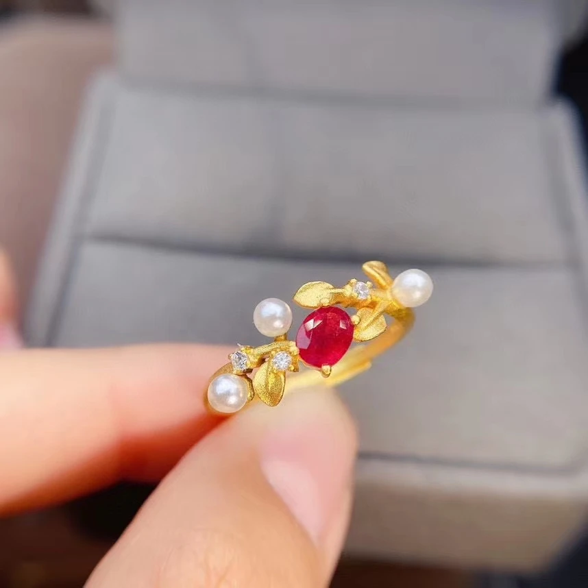 KJJEAXCMY fine jewelry 925 sterling silver inlaid natural ruby Girl Girl popular Chinese style plant pearl gem ring support test