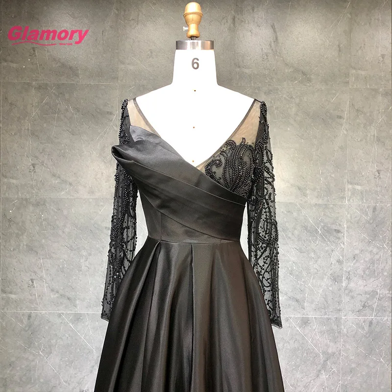 2021 Fashion New Style Deep V Neck Long Sleeves Prom Handmade Beading Evening Dress For Ladies