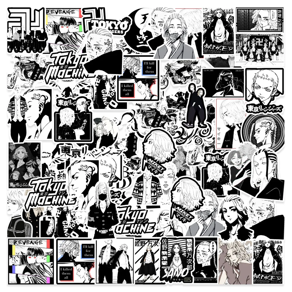 10/30/50pcs  Black And  White Manga Tokyo Avenger Graffiti Stickers   Waterproof Diy Car Bike Laptop Decal Decor  Anime Stickers