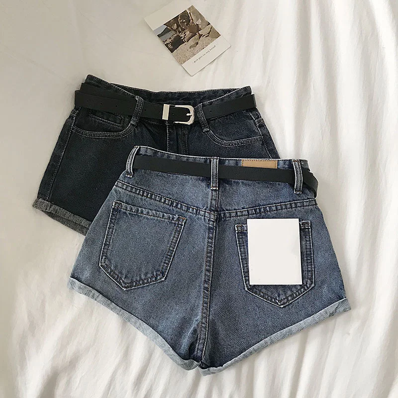 

Hemming Denim Shorts Women Summer Streetwear Korean Style Pretty Girl Simple Wild High Waisted Loose Belt Pocket Solid Color