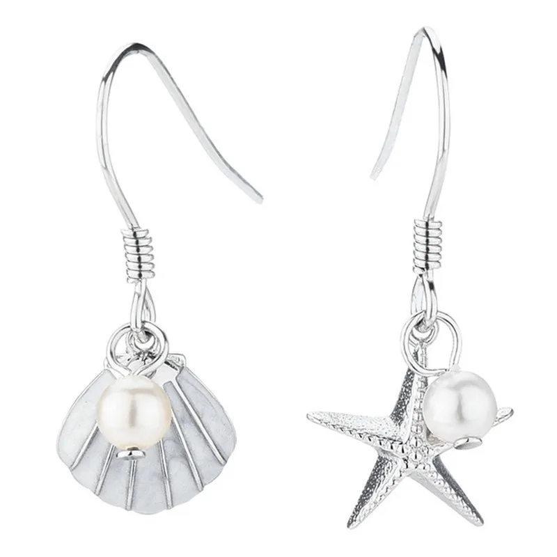 925 Sterling Silver Beach Shell Starfish Statement Dangle Earrings For Women Lady Fashion Jewelry Pendientes Mujer Moda eh1194