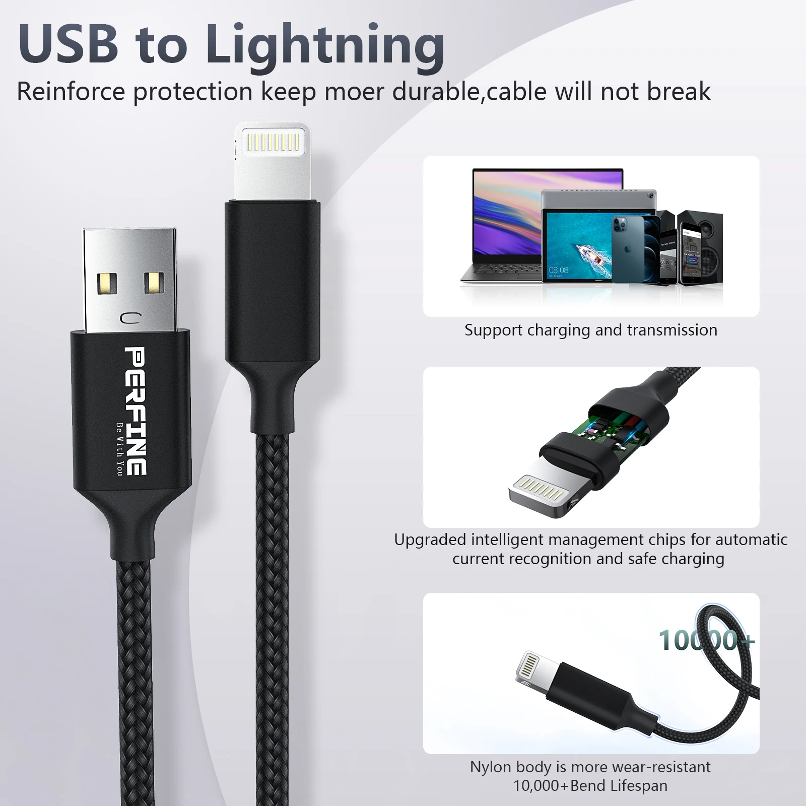 Perfine Lightning Cable ISO USB 2M Suitable for Iphone Ipad Nylon Data Transmission Quick Charge Cable