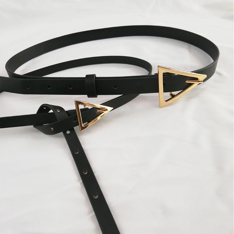 New Design Personality Leather Thin Belt Metal Triangle Buckle Thin Female Belts Jeans Trouser Dress Lady Fashion Waist Strap