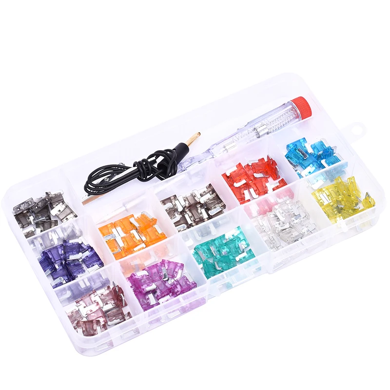 110pc 2A 3A 5A 7.5A 10A 15A 20A 25A 30A 35A 40A Mini Automotive Truck Auto Car Blade Type Fuse Assortment with Box Clip Test Pen