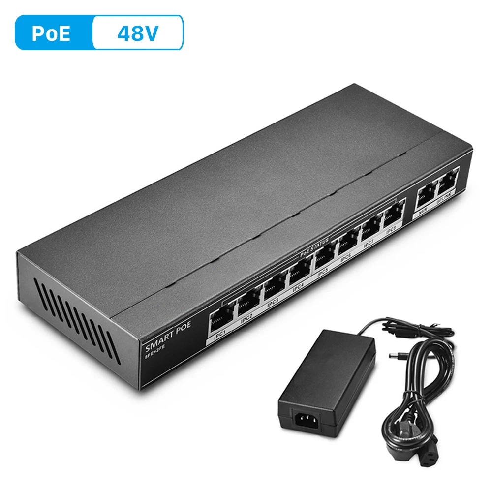 ANBIUX 802.3af/at 8CH POE Switch 10 Port 10/100 Mbps CCTV Switch 250 signal transmission 8 POE Ports 1 NVR+ 1 Uplink Port 123.2W