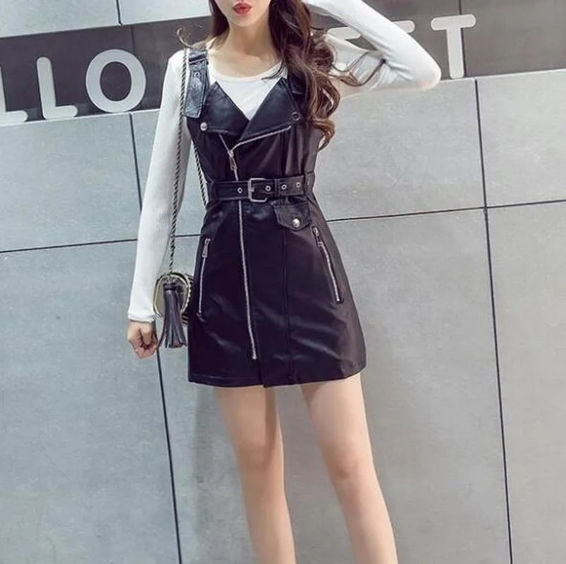 

Faux Leather Dress Za Women Punk Sexy V-neck PU Belt Bodycon Ladies Mini Dresses Strapless Zipper Female Vestidos Goth Gothic