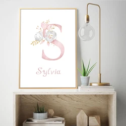 Personalized Baby Girl Name Wall Poster Picture Pink Art Letter Flower Kid's Living Room Decor Aesthetic Canvas Painting