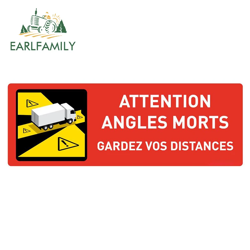 EARLFAMILY 13cm x 7.6cm Attention Angles Morts Car Sticker Keep A Distance From The Truck Decals Bumper Truck VAN RV Decor