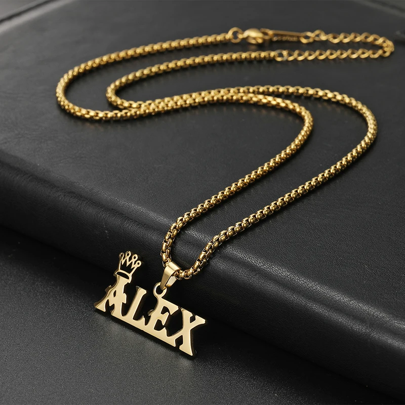 New Personalized Thick Chain With Crown Names Pendant Hook Necklaces Bold Stainless Steel Custom Big Letter Necklace Jewelry