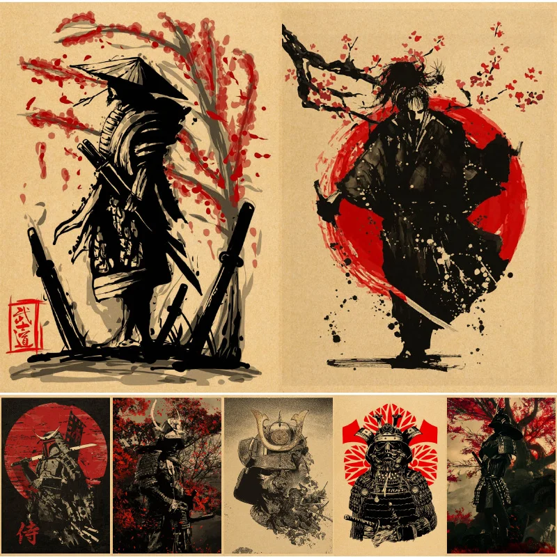 Japanese Samurai Posters Kawaii Kraft Paper Vintage Cartoon Wall Stickers Hoom Art Print Living Room Bar Cafe Decoration