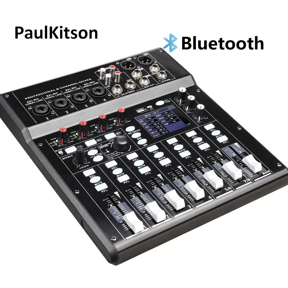 Беспроводной 8-канальный цифровой микшер, портативный микшерный пульт, Bluetooth, USB-интерфейс, вход для MP3-компьютера, фантомное питание 48 В
