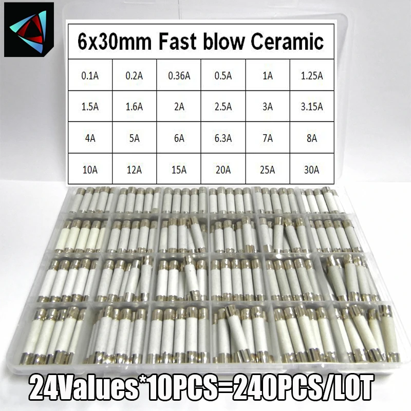 240szt/pudełko 24Wartości 6x30mm Bezpiecznik ceramiczny szybki 250V 0.1A 0.2A 0.5A 1A 1.5A 2A 2.5A 3A 3.15A 4A 5A 6A 10A 15A 20A 25A30A