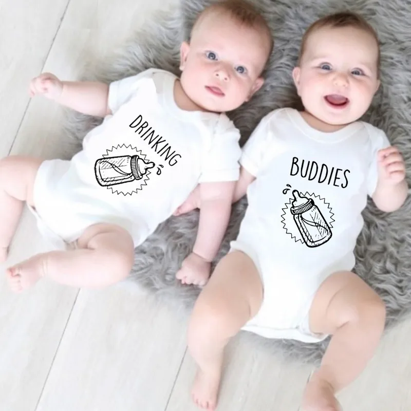 Drinking Buddies Newborn Baby Bodysuit Funny Print Short Sleeve Body Baby Boy Girl Cotton Onesie Rompers Baby Twins Clothes