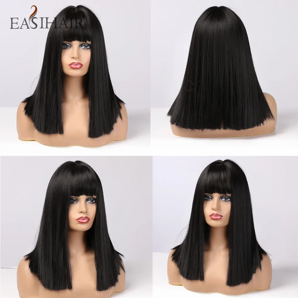 EASIHAIR Straight Black Wigs with Bang Medium Long Natural Synthetic Cosplay Hair Wig for Women Daily Party Heat Resistant Fiber