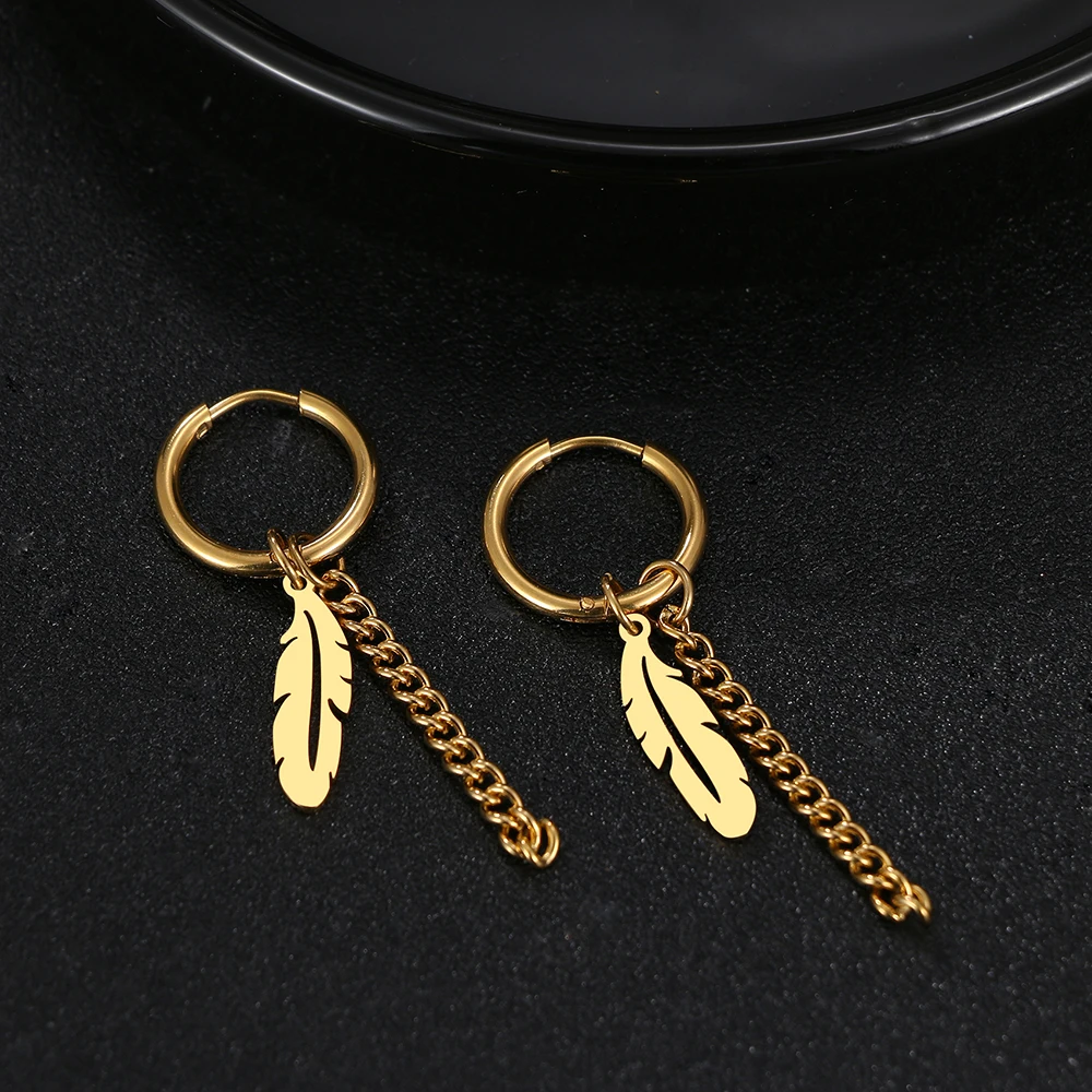 Stainless Steel Earrings Fashion Unisex Punk Gothic Feather Chain Hip Hop Pendants Gold Color Earrings For Women Jewelry Gifts