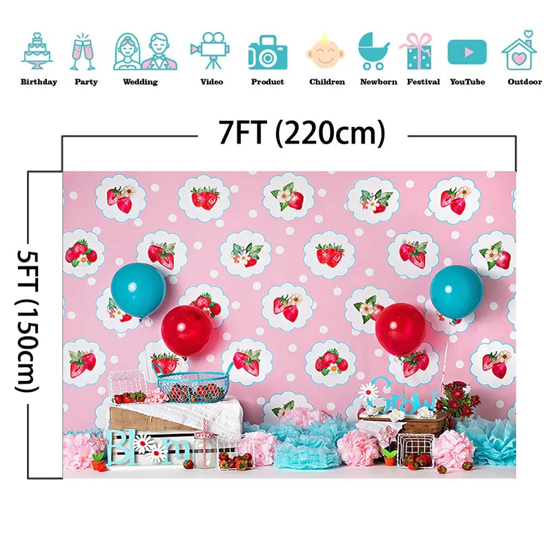 Fruit Sweet Strawberry Theme Girl Cake Smash Photography Backdrops Child 1st Birthday Baby Shower Props Photo Studio Background