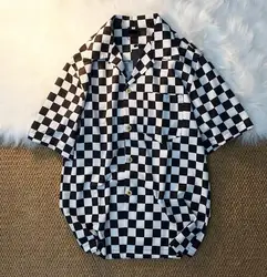 Men Summer Blouse Chess Shirt Grid White Black Plaid Fashion Thin