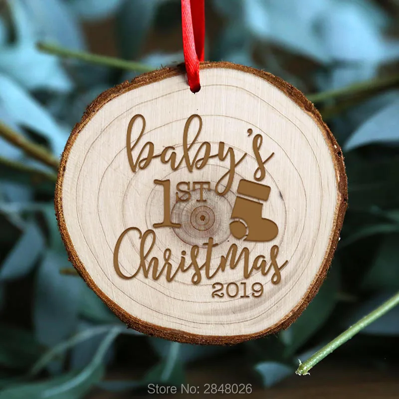 Custom wooden slices Baby First Christmas Ornament,Personalized engraved Christmas stocking Ornament,Custom Rustic Ornament Ball