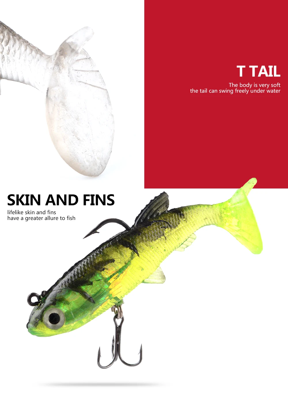 NGB 6/8/10CM 3D-Augen Angelköder mit T-Schwanz, Weicher Hechtköder mit Dreifachhaken, Künstlicher Köder, Jigkopf, Crankbait – Detail 5
