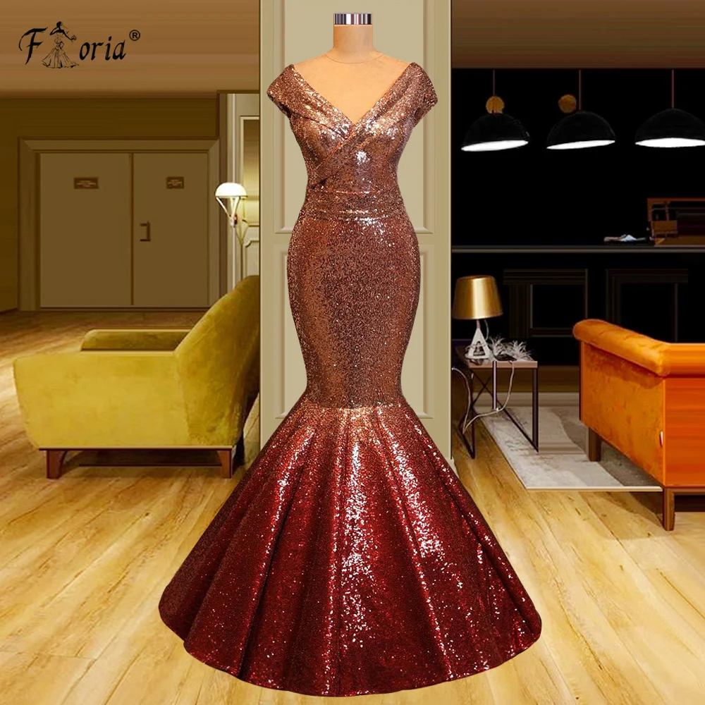 Burgundy V Neck Floor Length Prom Dress with Cap Sleeve Glittter Gradient Color Sequins Long Evening Party Gown Simple Design