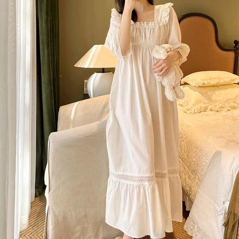 Victorian White Night Dress Women Pure Cotton Sexy Lace Ruffles Long Sleeve Robe Peignoir Sleepwear Princess Vintage Nightgowns