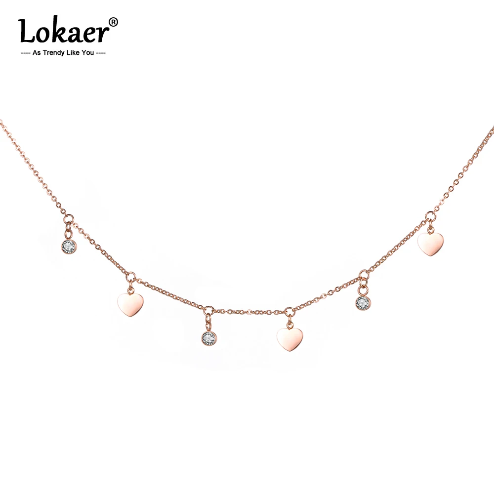 Lokaer Choker ze stali nierdzewnej naszyjnik serce i cyrkonia Charms wisiorek w kolorze różowego złota naszyjniki biżuteria na prezent dla kobiet N18275