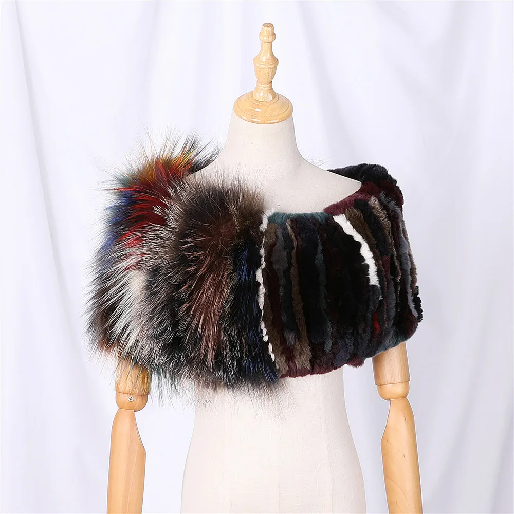 Luxury Genuine Rex Rabbit Fur Knitted Shawl Shoulder Wrap Cape with Fox fur Women Lady Stole Amice