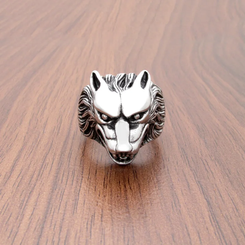 Punk Size 7-15# 316L Stainless Steel Silver Color Black Big Viking Wolf Head Animal Ring Jewelry For Men\'s Gift