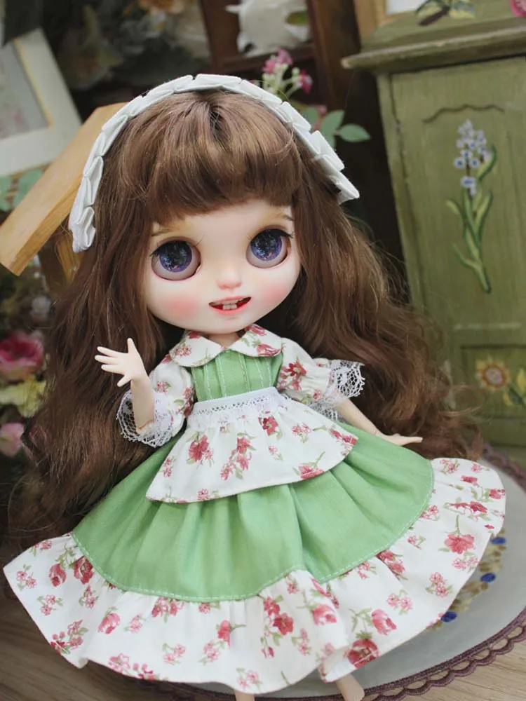 

Blyth Doll clothes Retro dress + hair band for Blyth small dress green color Pastoral Fresh style doll accessories doll clothes