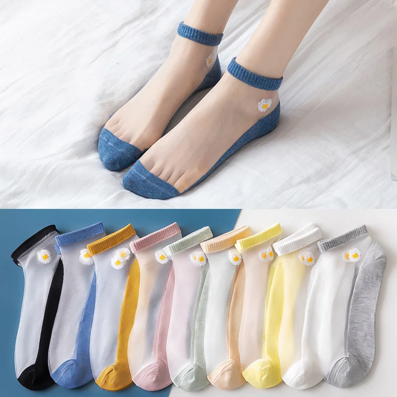 

10 Pairs Women Elastic Socks Crystal Glass Silk Ultrathin Lace Literary Summer Transparent Short Socks