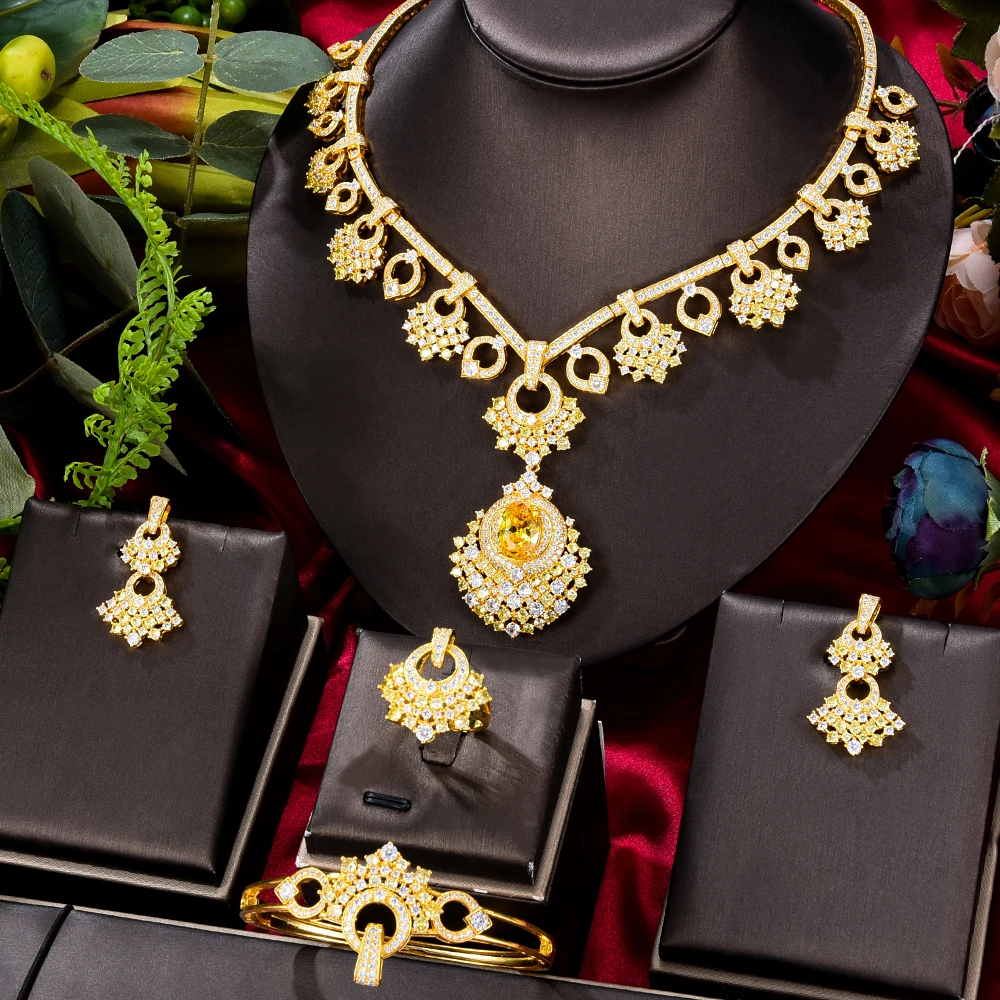 

Siscathy Luxurious Full Micro Cubic Zircon Pendant Necklace Wedding Jewelry Set For Women Bracelet Earrings Ring Party Accessory