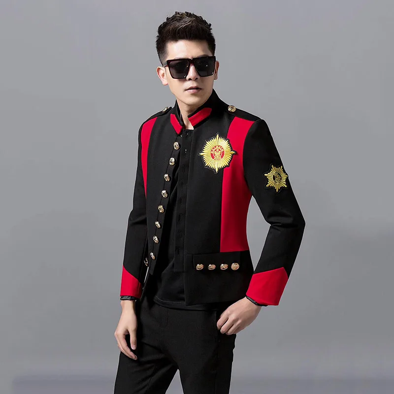 Bar Men's Singer Suit Blazers Badge Embroidered Stand Collar Jacket Contrast Gold Button Slim Coat Male Nightclub Stage Costume