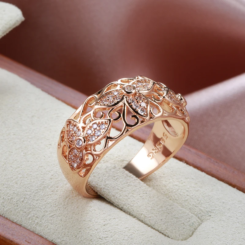 Kinel Nieuwe 585 Rose Gouden Ringen Voor Vrouwen Natuurlijke Zirkoon Bloem Ring Vintage Bruid Bruiloft Fijne Sieraden Party Gift