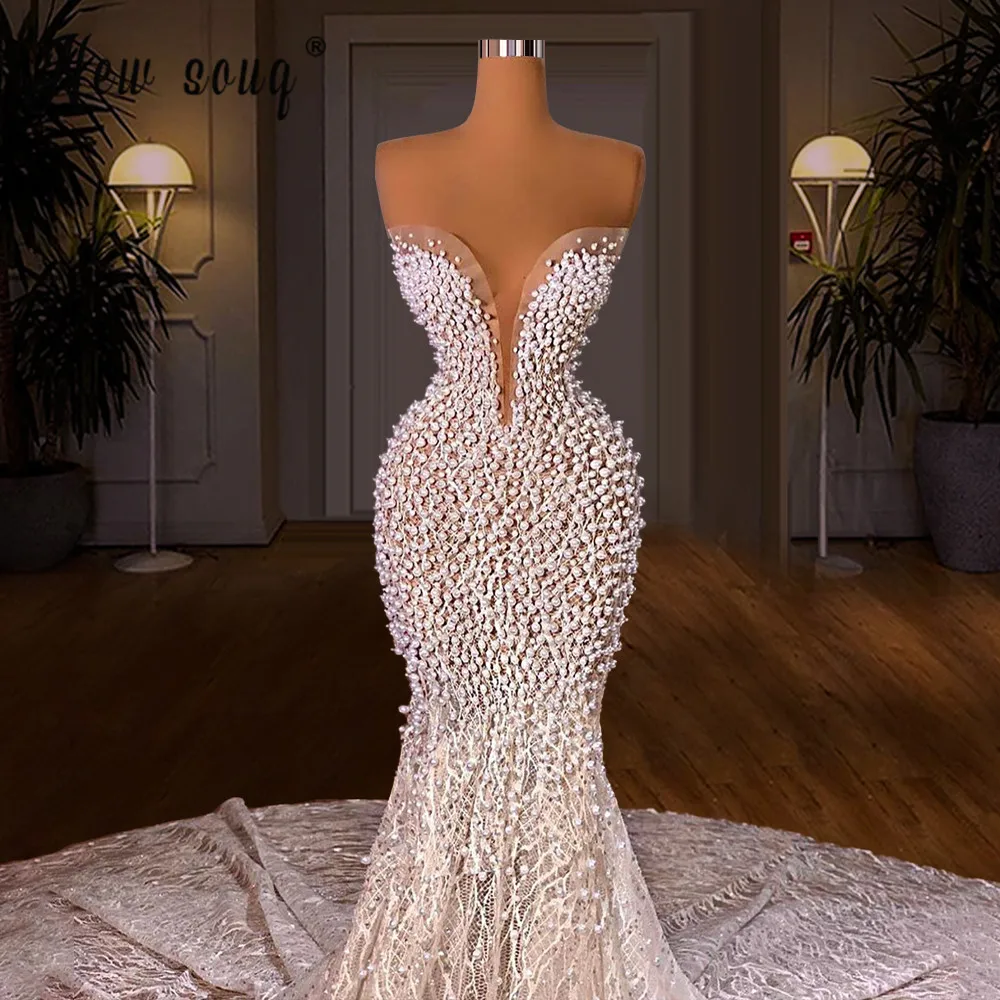 Ivory Pearls Off Shoulder Mermaid Wedding Dress With Chapel Train 2024 Long Sleeve Dubai Luxury Bridal Gown Arabic 3 Styles