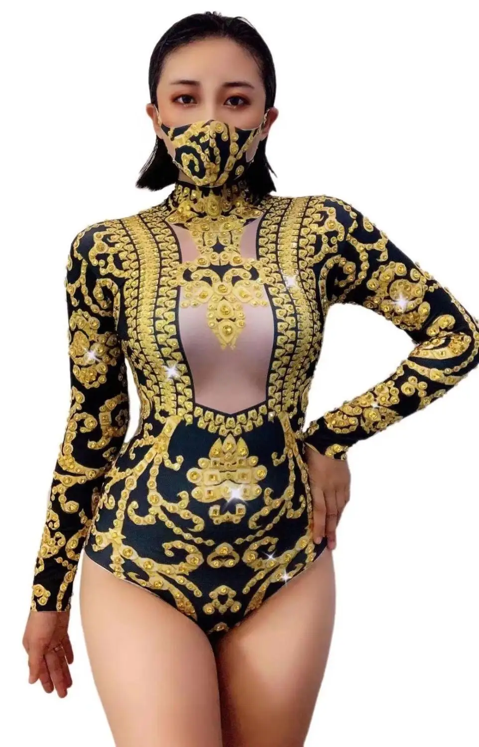 

Nightclub Bar Lead Dancer Carnival Dress Up Party costume Gold crystal jumpsuit singer bodysuit with facemask