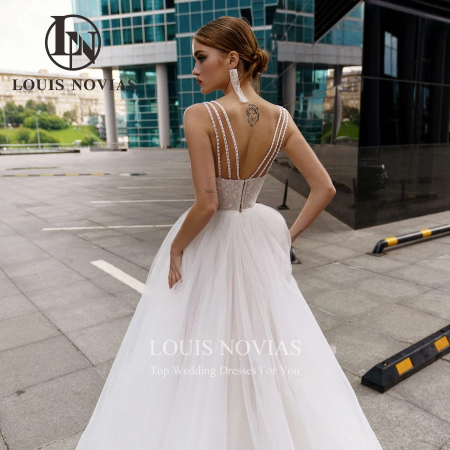 LOUIS NOVIAS A-Line vestido De Novia Sexy impresionante Vestidos De Novia De encaje sin tirantes tirantes Spaghetti con cuentas sin espalda Vestidos De Novia